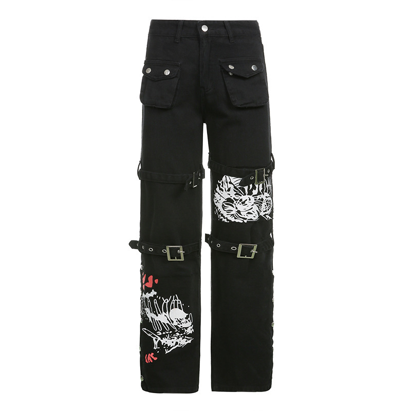 Skull print black buckle pants for women, high waist gothic trousers with big pockets, trendy and stylish.