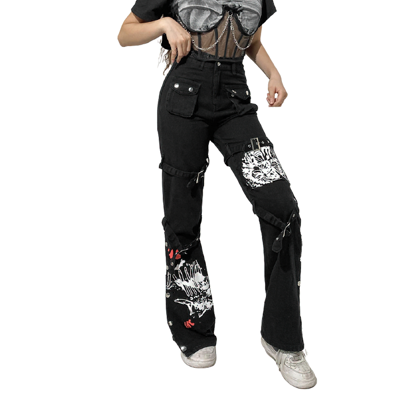 Gothic style women's black buckle pants featuring a unique skull print and trendy wide cut, perfect for edgy outfits.