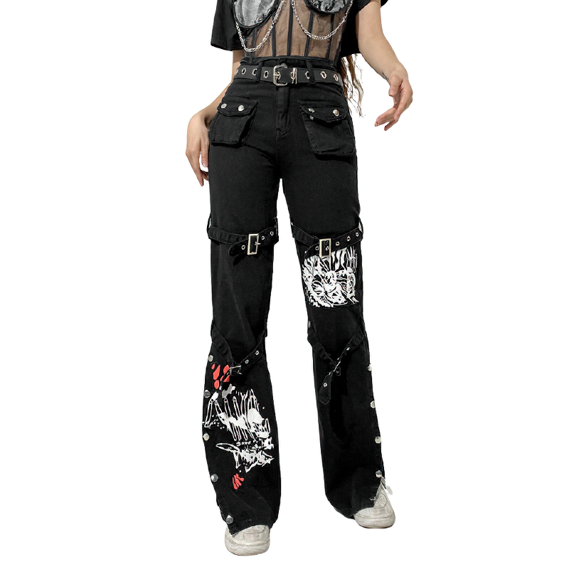 Gothic style black women's buckle pants with skull print and big pockets, perfect for trendy outfits.