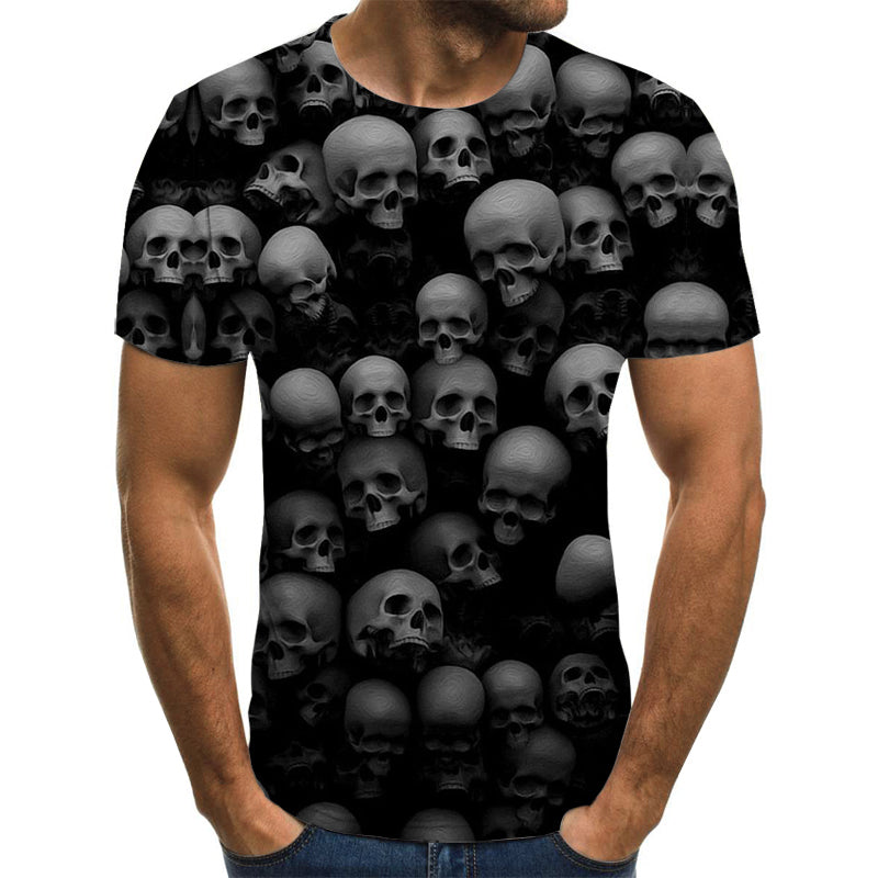 Skull Reaper 3D printed T-shirt for men and women with gothic skull design in black and white.