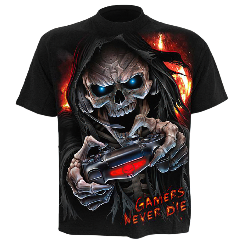 Skull Reaper 3D Print Tee for gamers with fiery background and text 'Gamers Never Die', perfect for streetwear style.