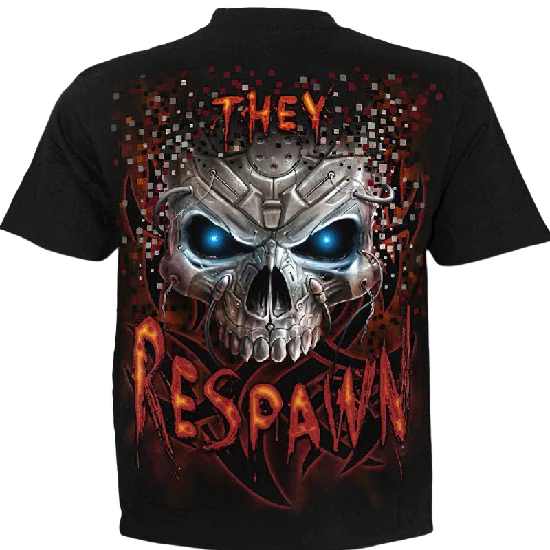 Skull reaper 3D print t-shirt featuring a detailed skull design and the phrase 'They Respawn' for gamers.