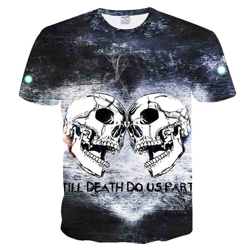 Skull Reaper 3D T-shirt featuring two skulls and the text 'Till Death Do Us Part', perfect for rock style enthusiasts.