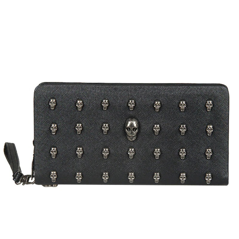 Gothic PU leather wallet with silver skull accents, perfect for adding edge to any outfit.