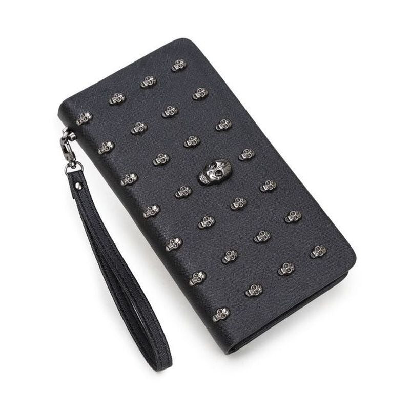 Unisex black PU leather wallet with skull design and rivets, perfect for gothic fashion. Lightweight and stylish accessory.