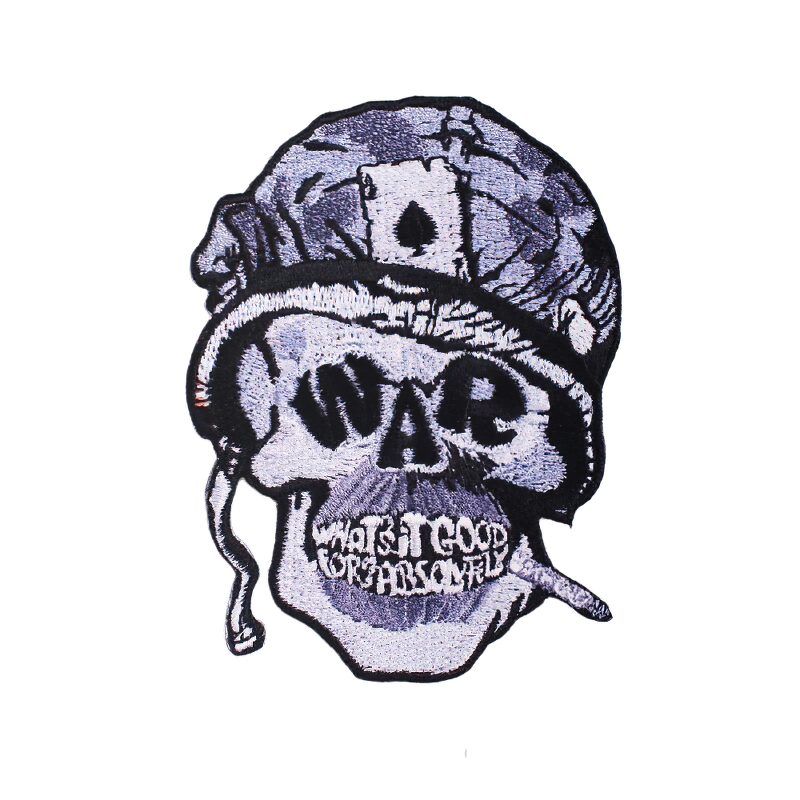 Skull patch with war attributes, unisex accessory for jackets and bags in alternative fashion style.