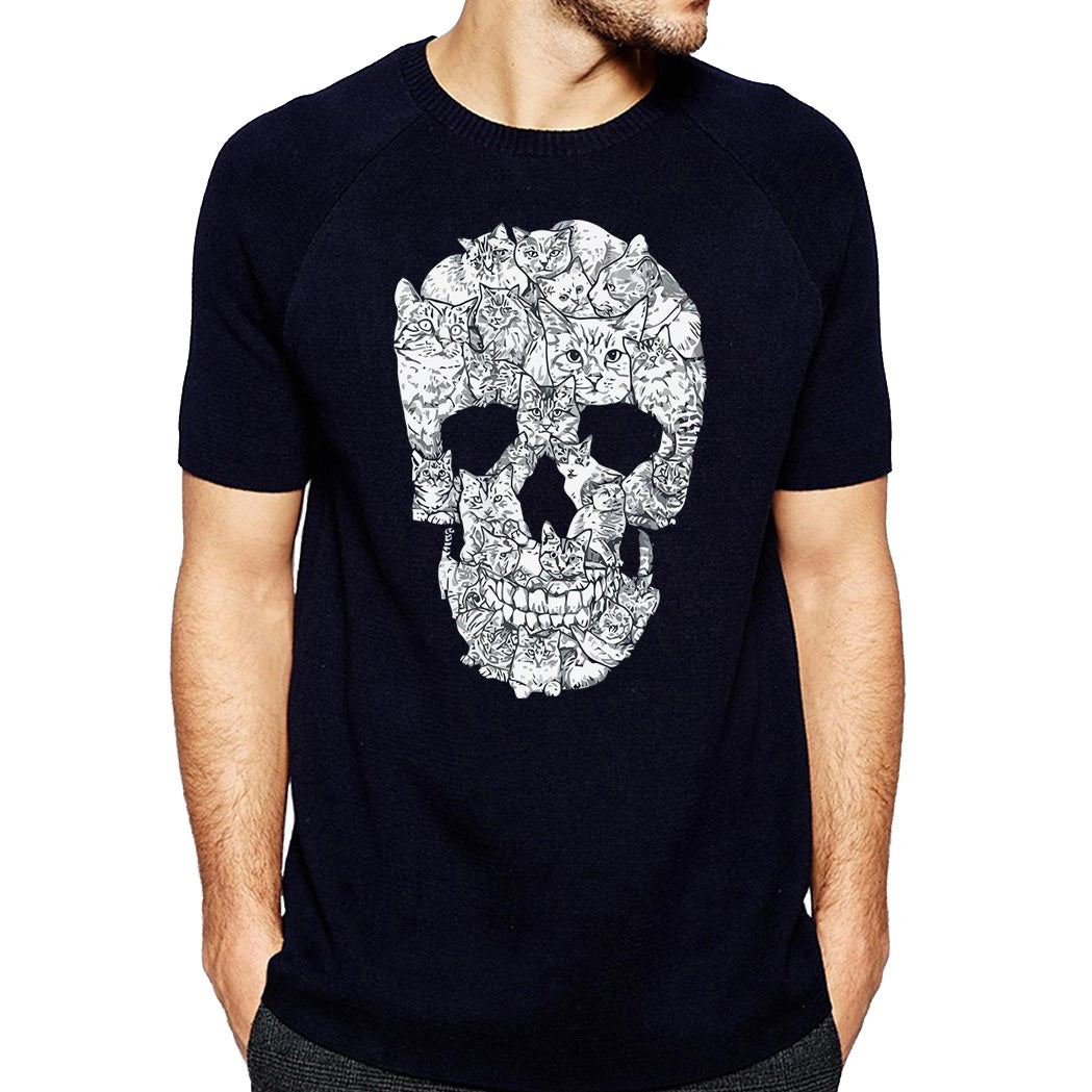 Short-sleeve cat skull T-shirt for men, featuring a unique design with cats in a skull, perfect for alternative fashion.