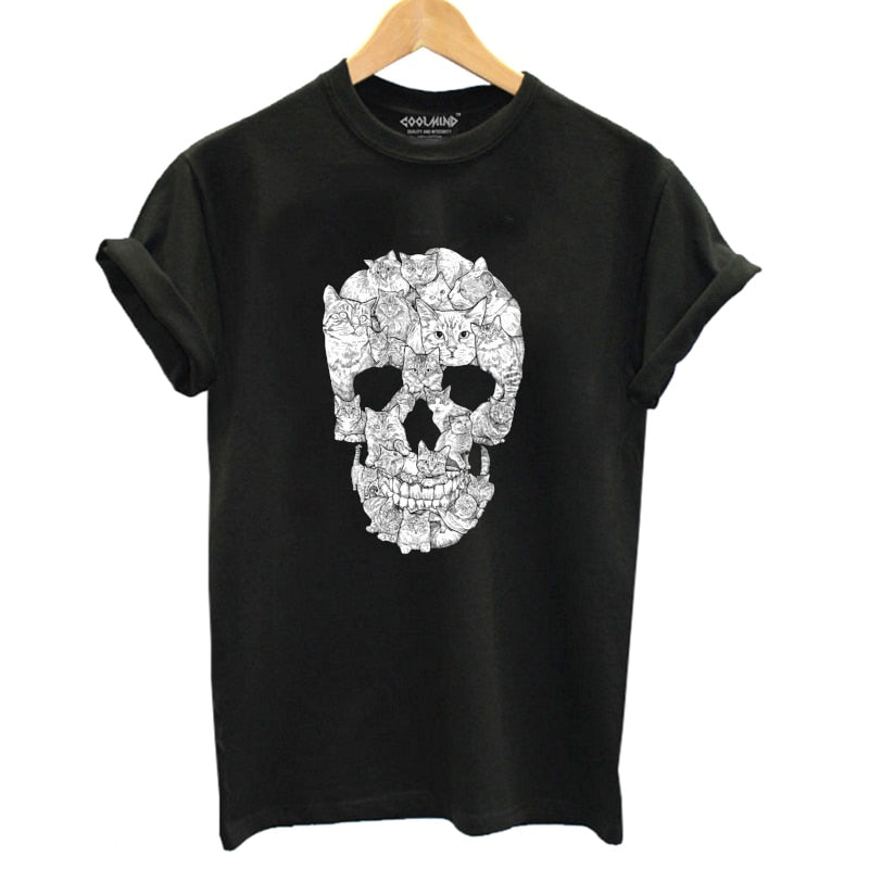 Black short-sleeve T-shirt featuring a unique cat skull design, perfect for alternative fashion enthusiasts.