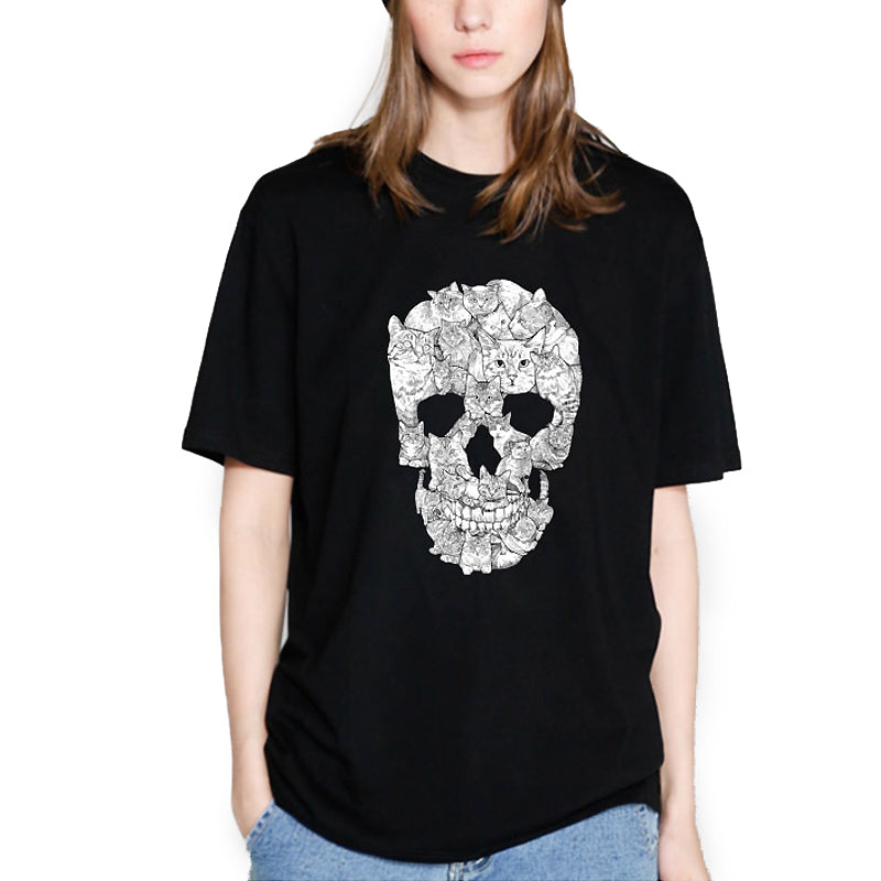 Black short-sleeve women’s t-shirt featuring a unique cat skull design, perfect for alternative fashion lovers.
