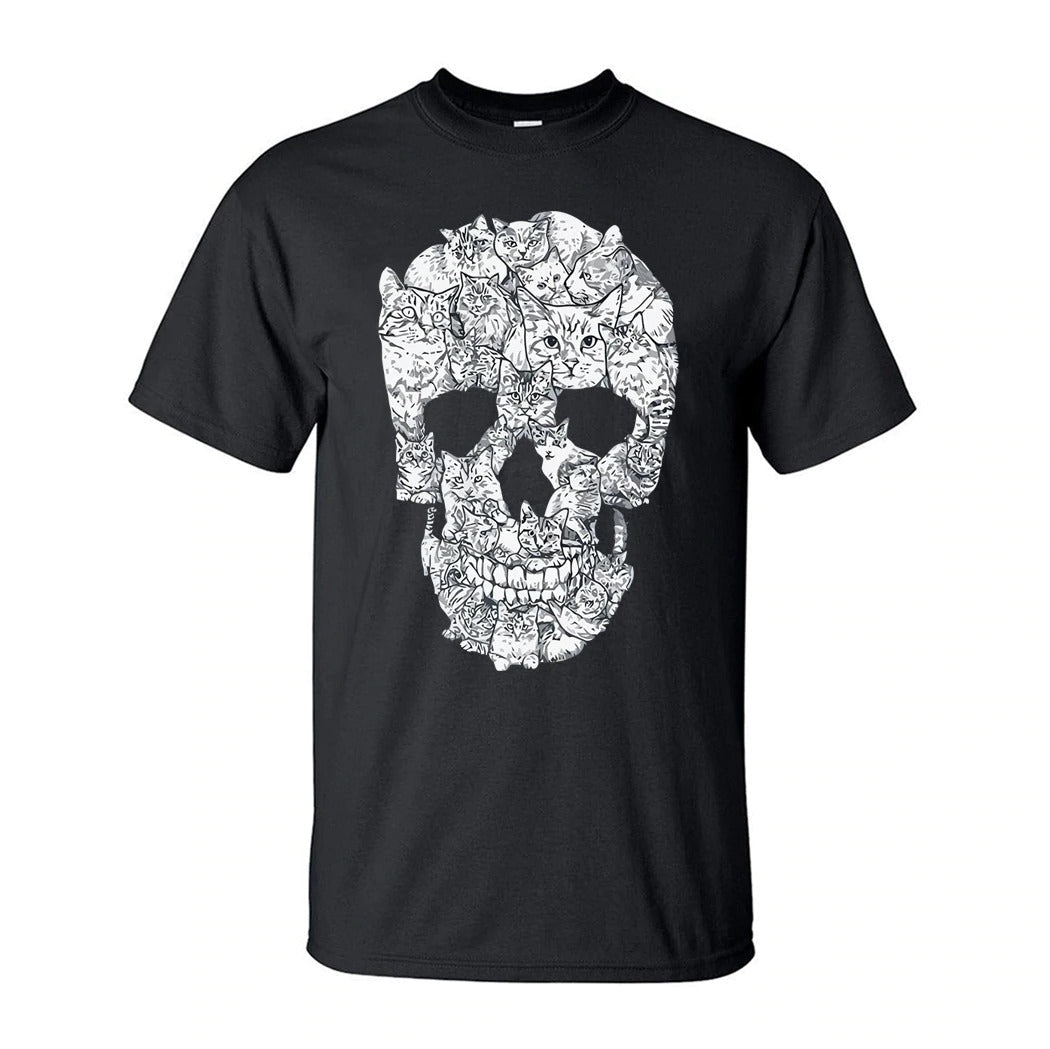 Black short-sleeve women’s t-shirt featuring a unique cat skull design in alternative fashion.