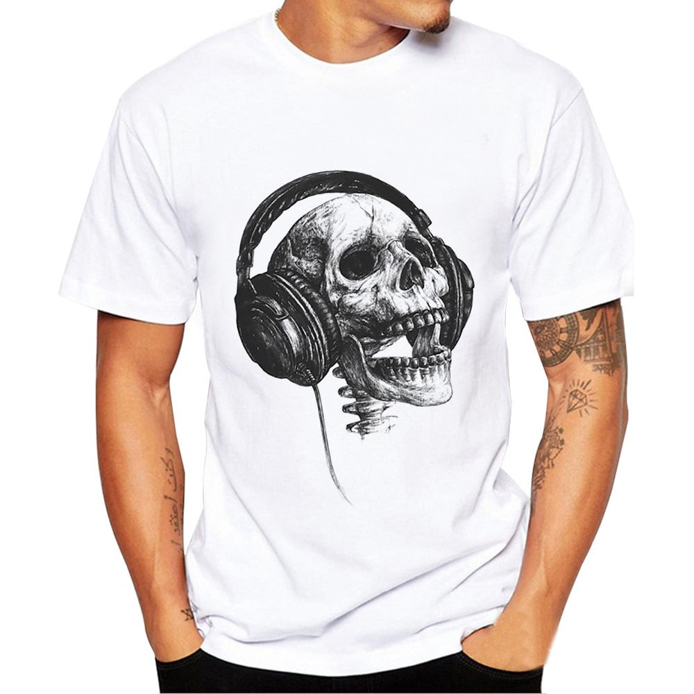 Unisex white T-shirt featuring a skull wearing headphones, perfect for rock style outfits.