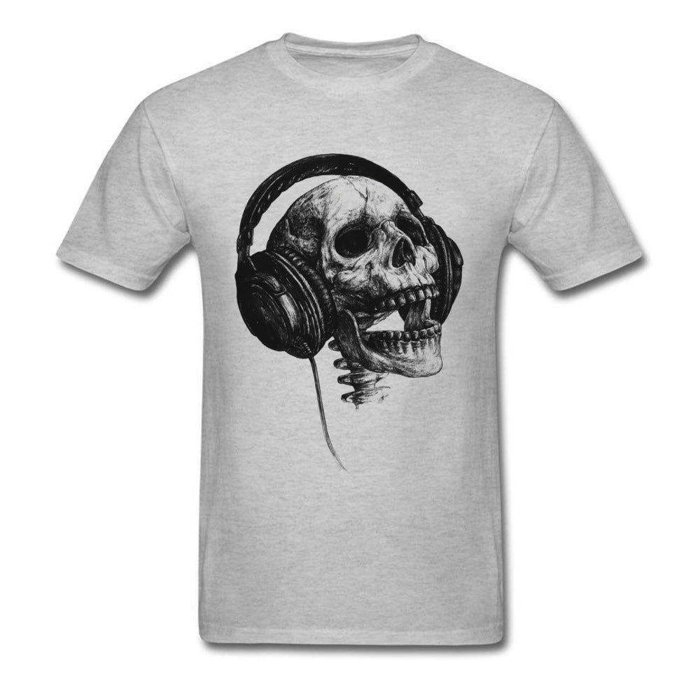 Skull with headphones graphic on a unisex short sleeve O-neck T-shirt in light grey, ideal for rock style outfits.