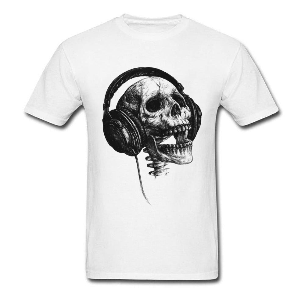 Skull with headphones graphic on a short sleeve women's O-neck T-shirt, perfect for rock style outfits.
