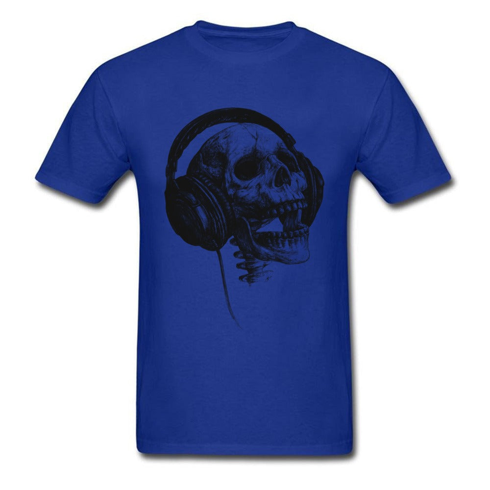 Blue skull graphic t-shirt with headphones, perfect for a rock style outfit, featuring a short sleeve and O-neck.