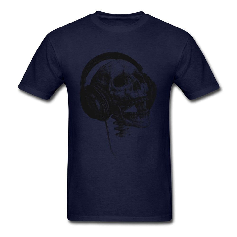 Navy blue unisex T-shirt featuring a skull with headphones, perfect for a unique rock style outfit.