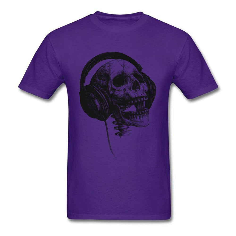 Skull with headphones graphic on a purple short sleeve unisex T-shirt, perfect for rock style outfits.