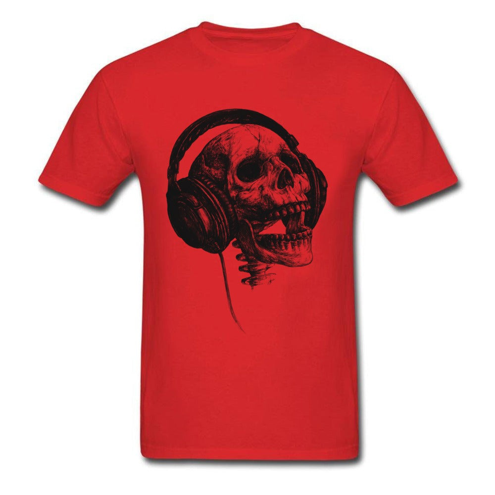 Red unisex T-shirt featuring a skull with headphones, perfect for a rock-style outfit.