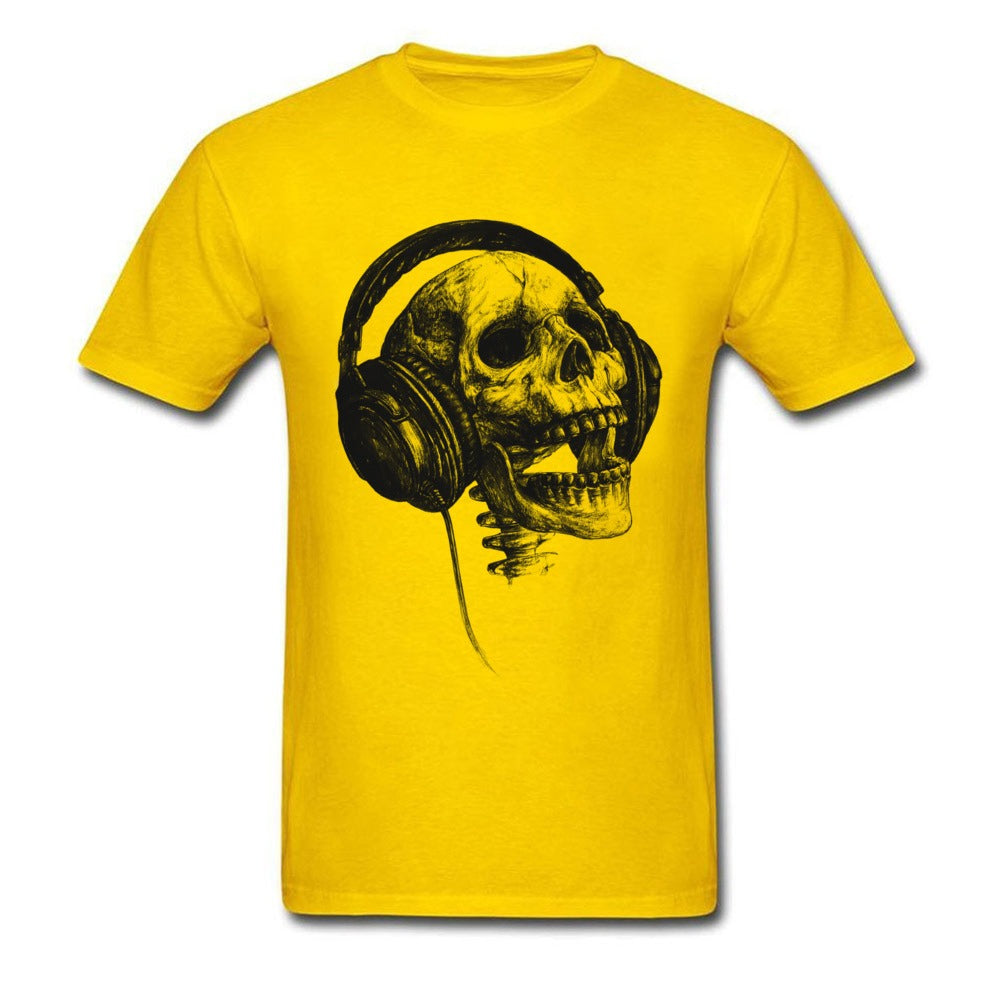 Skull with headphones graphic on yellow women's short sleeve O-neck T-shirt, perfect for a unique rock style.