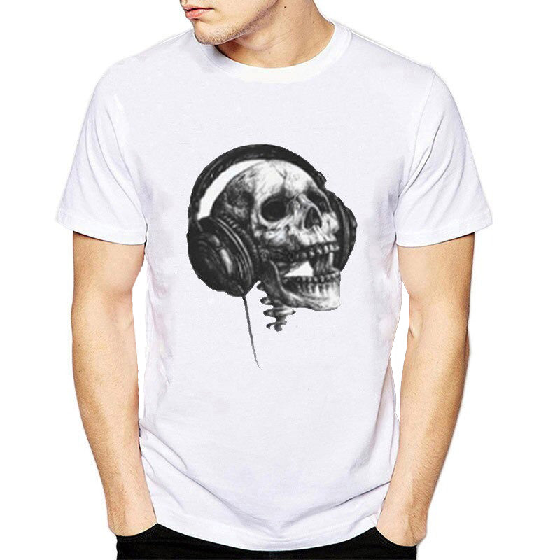 Rock style women's O-neck T-shirt featuring a skull with headphones, perfect for unique outfits.