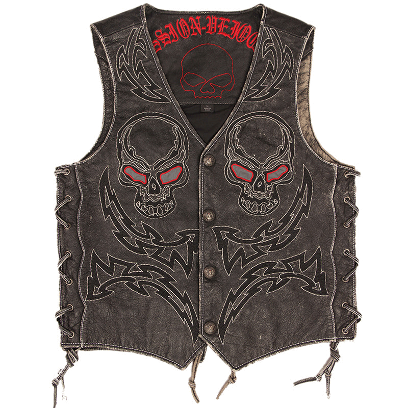 Skulls Embroidery Rock Style Vest / Motorcycle Genuine Leather Vest / Vintage Biker Outfit
