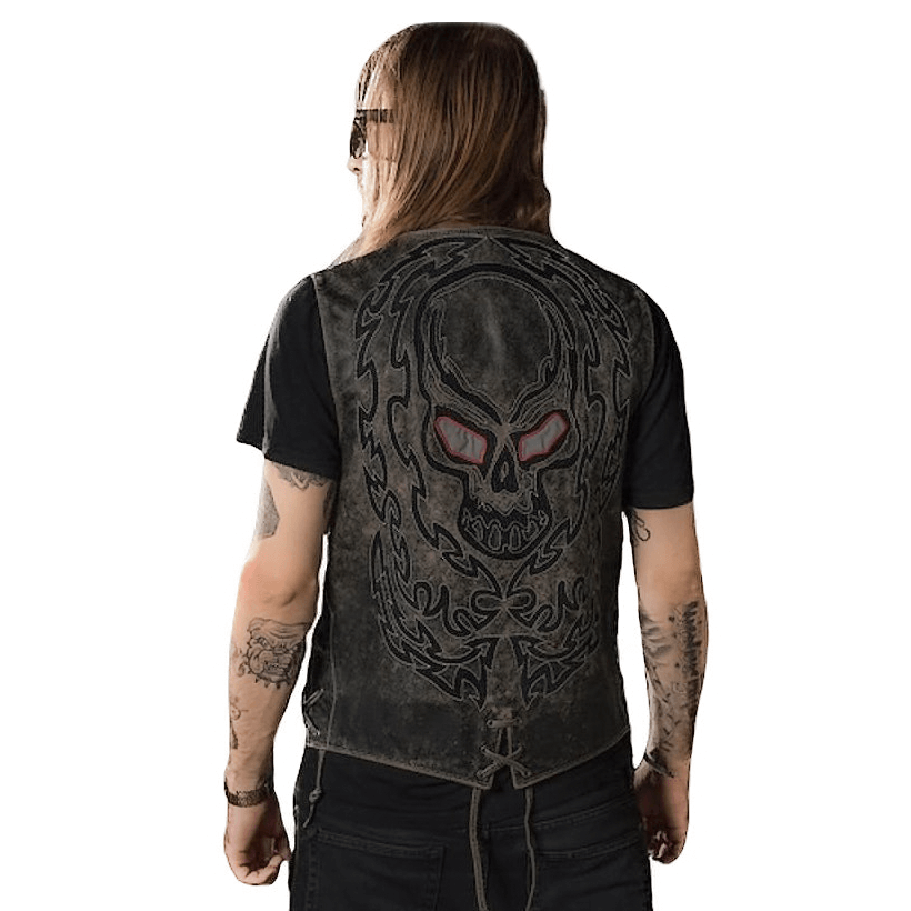 Skulls Embroidery Rock Style Vest / Motorcycle Genuine Leather Vest / Vintage Biker Outfit
