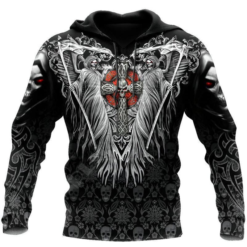 Unisex Goth Style Hoodie with skull and grim reaper design, perfect for stylish and edgy looks.
