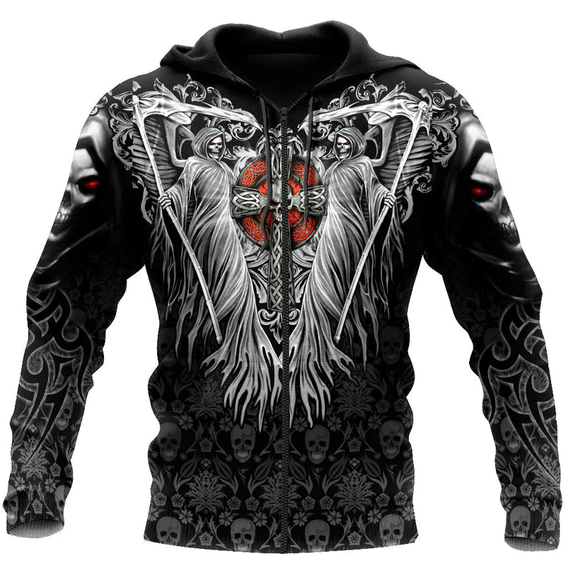 Unisex goth style hoodie with 3D skull print, featuring grim reapers and intricate designs, perfect for alternative fashion.