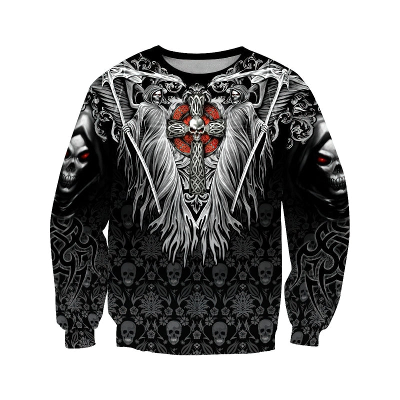 Gothic sweatshirt featuring a cross, skull background, and alternative fashion design, perfect for lovers of goth style.