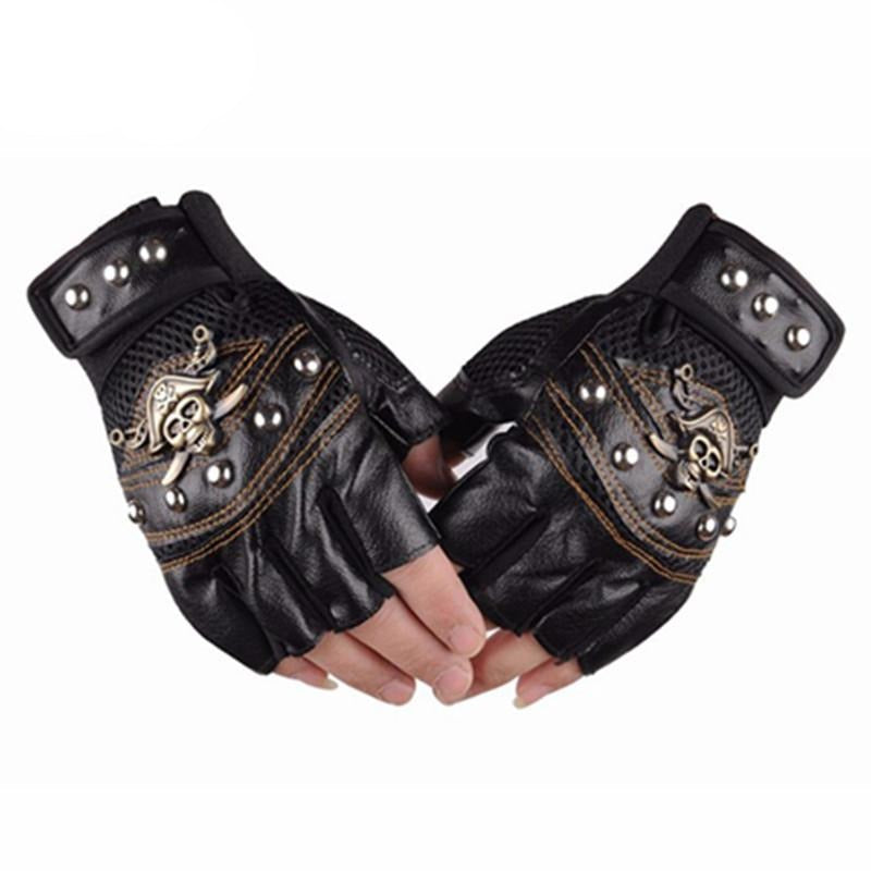 Black PU leather skull gloves with rivets for cosplay and alternative fashion, featuring pirate skull design.