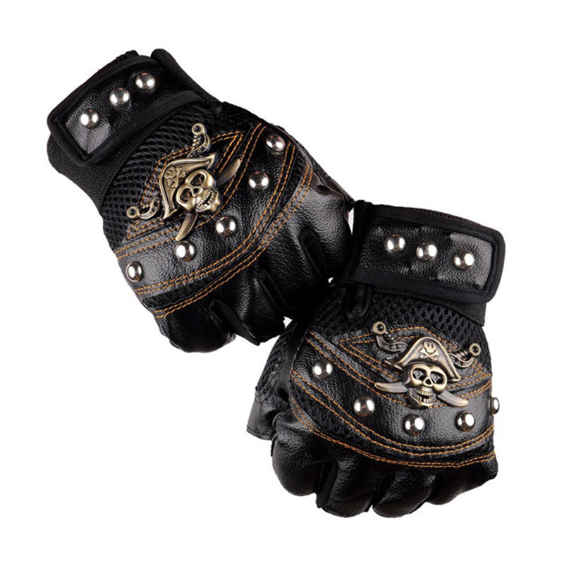 Stylish PU leather half finger pirate skull gloves with rivets for cosplay and alternative fashion.