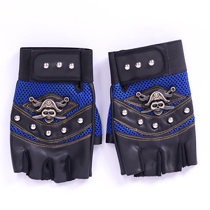 Skulls rivet gloves with pirate skull detail and blue mesh, perfect for cosplay and alternative fashion.