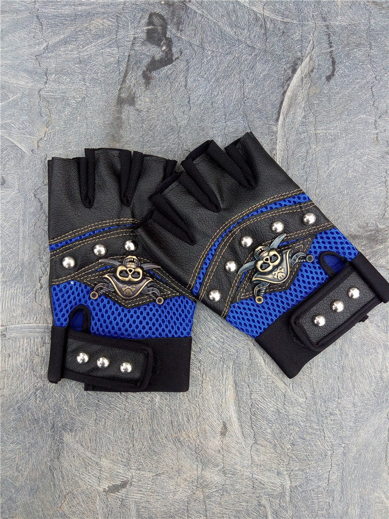 Black and blue half-finger gloves with skull design and rivets, perfect for alternative fashion and cosplay.
