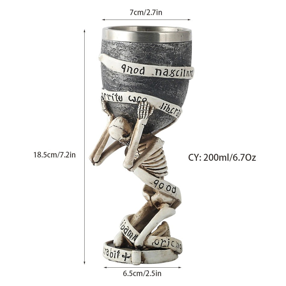 Vintage Slave Skull wine glass, skeleton design, stainless steel and resin, perfect for themed bars and home collections.