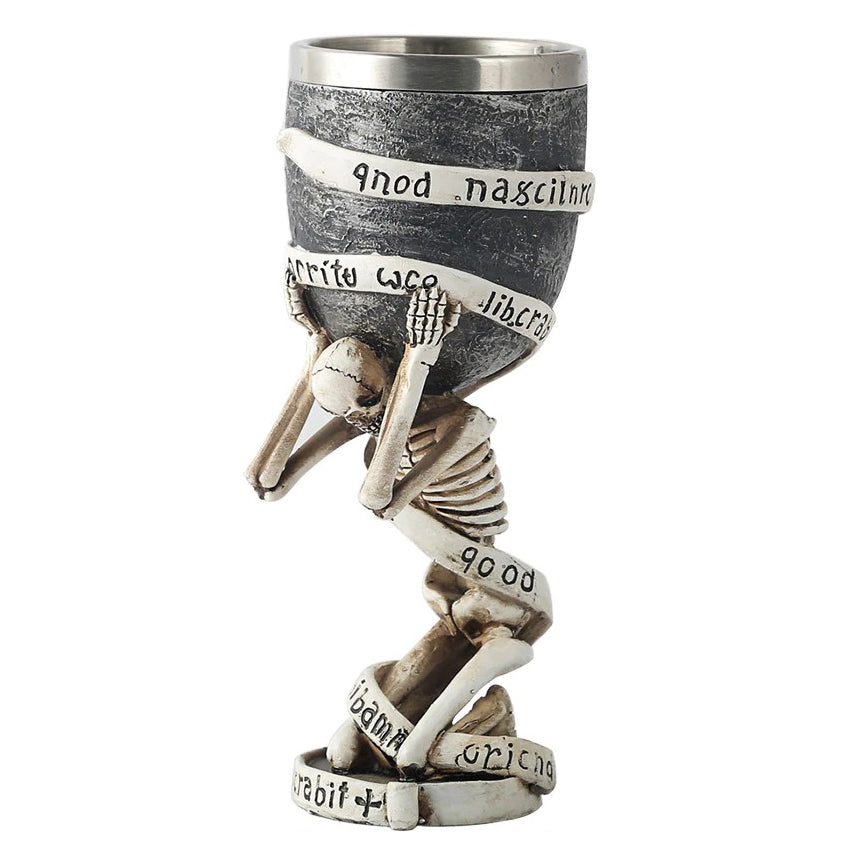 Vintage Slave Skull wine glass made of stainless steel and resin, featuring a skeleton design and decorative phrases.