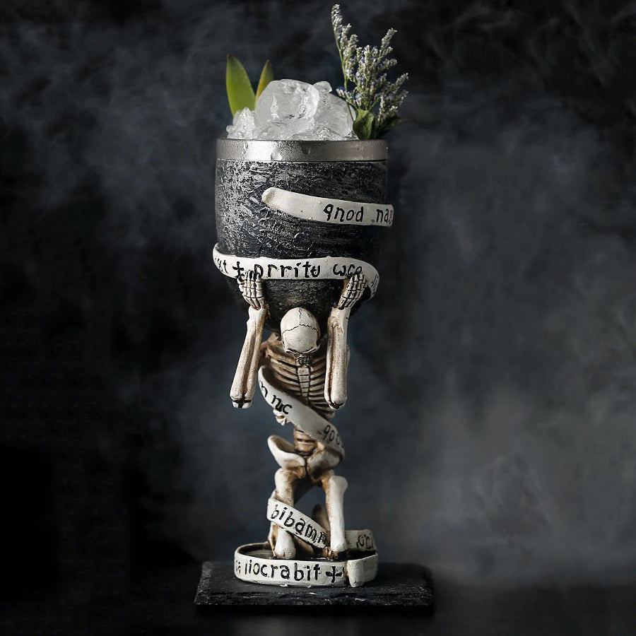 Vintage skeleton wine glass with stainless steel and resin, perfect for themed bars or unique home collections.