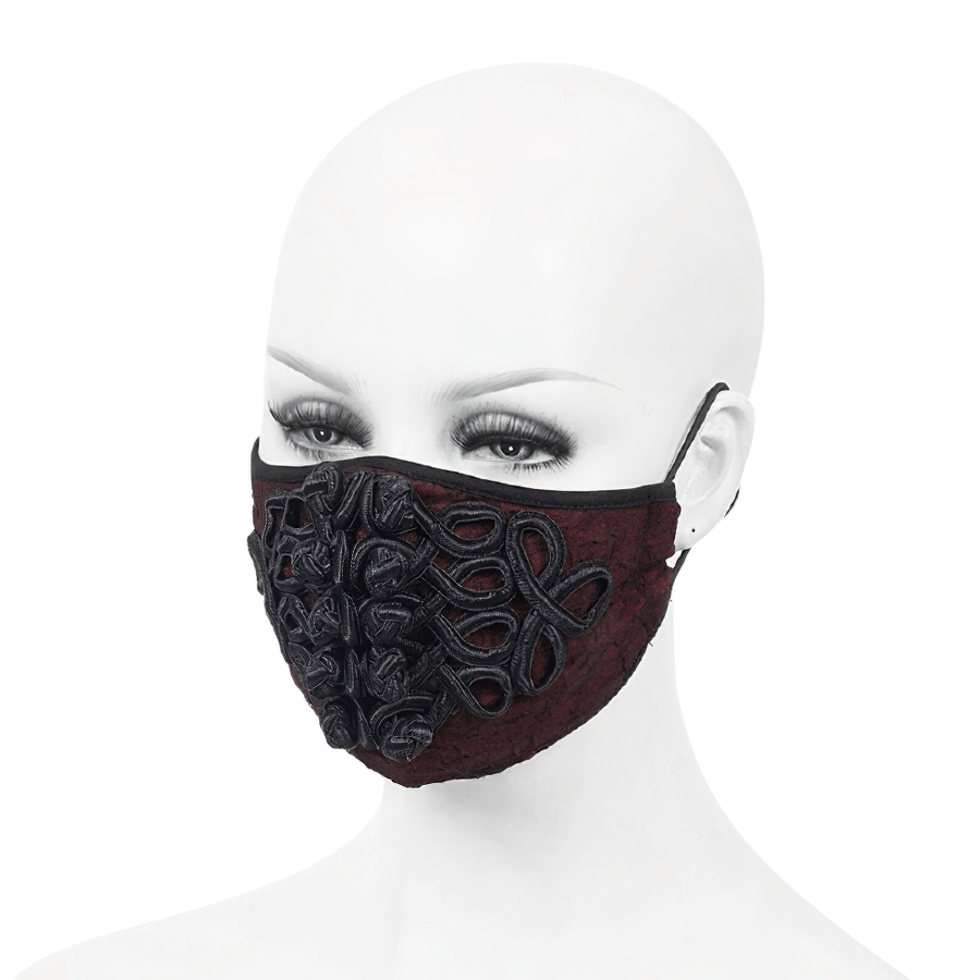 Gothic Wine Red Mask with Black Embroidery / Elegant Mask with Adjustable Straps - HARD'N'HEAVY