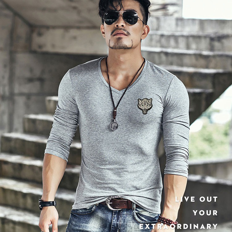 Comfortable gray v-neck long sleeve cotton t-shirt for men with wolf embroidery, perfect for trendy casual looks.