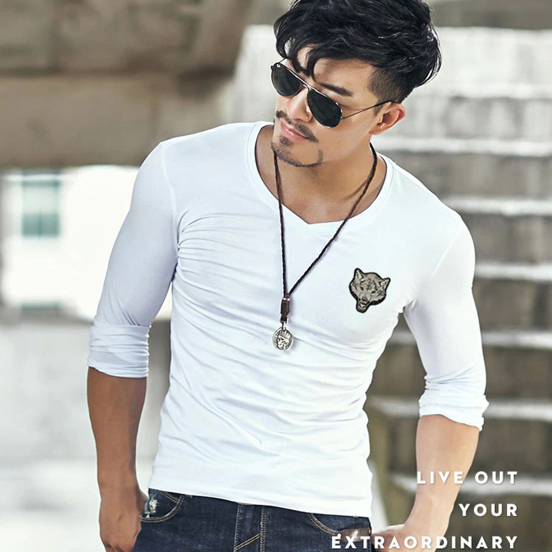 Stylish men’s slim fit V-neck long sleeve white t-shirt with embroidered wolf, perfect for trendy fashion looks.