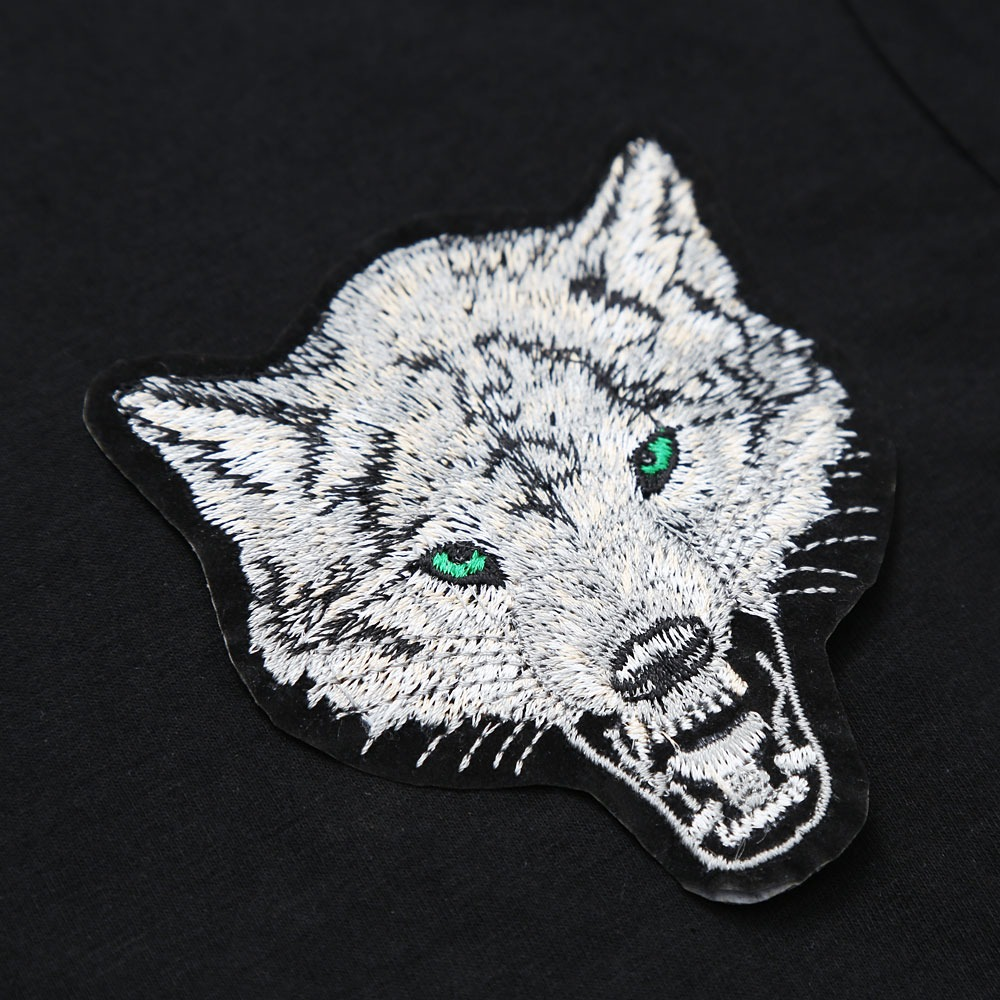 Slim Cotton T-Shirt for Men / V Neck Long Sleeve T-Shirt with Embroidery Wolf - HARD'N'HEAVY