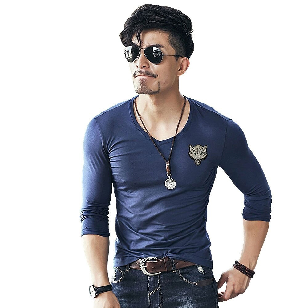 Trendy men's slim cotton V-neck long sleeve T-shirt with embroidered wolf detail, perfect for casual outings.