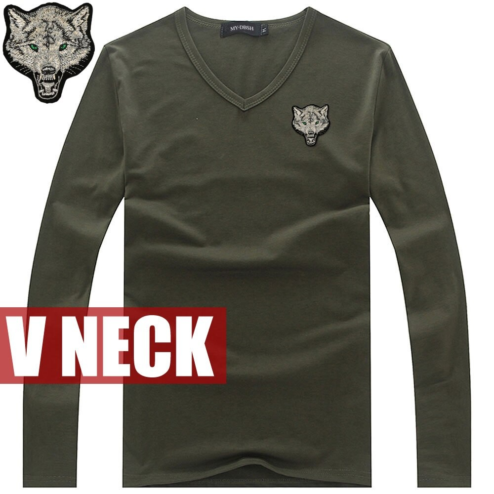 Slim cotton V-neck long sleeve t-shirt for men with embroidered wolf design, trendy and comfortable.