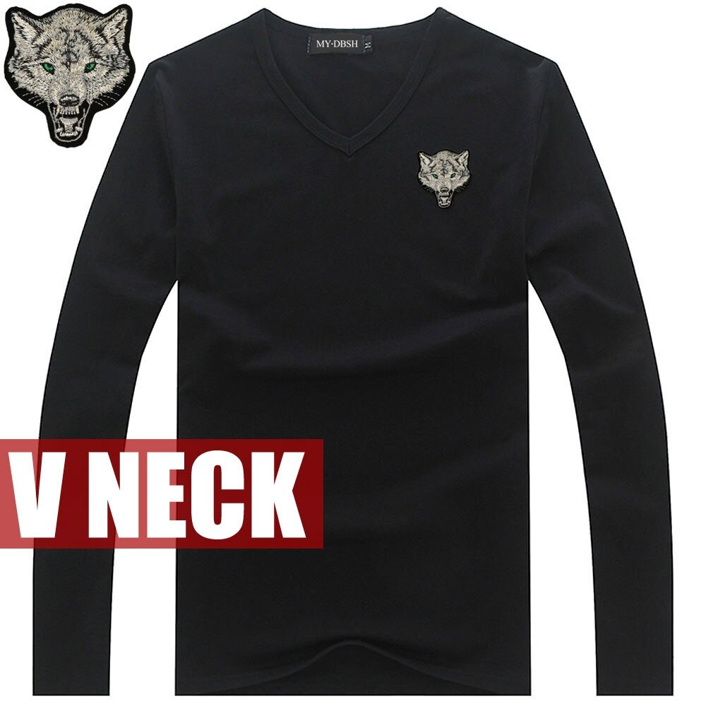 Slim cotton V-neck long sleeve men's t-shirt with embroidered wolf design, stylish and trendy fashion piece.