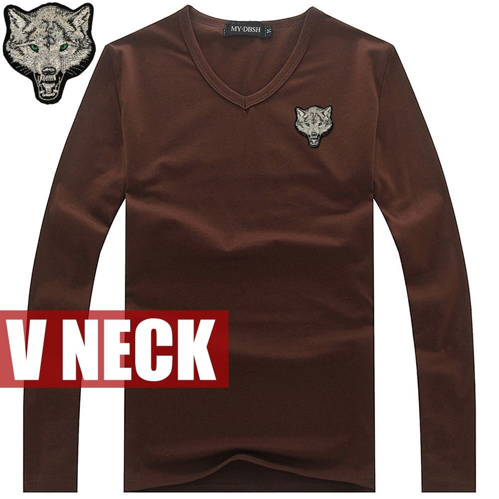 Men's slim cotton V-neck long sleeve T-shirt in brown, featuring an embroidered wolf design for trendy fashion.