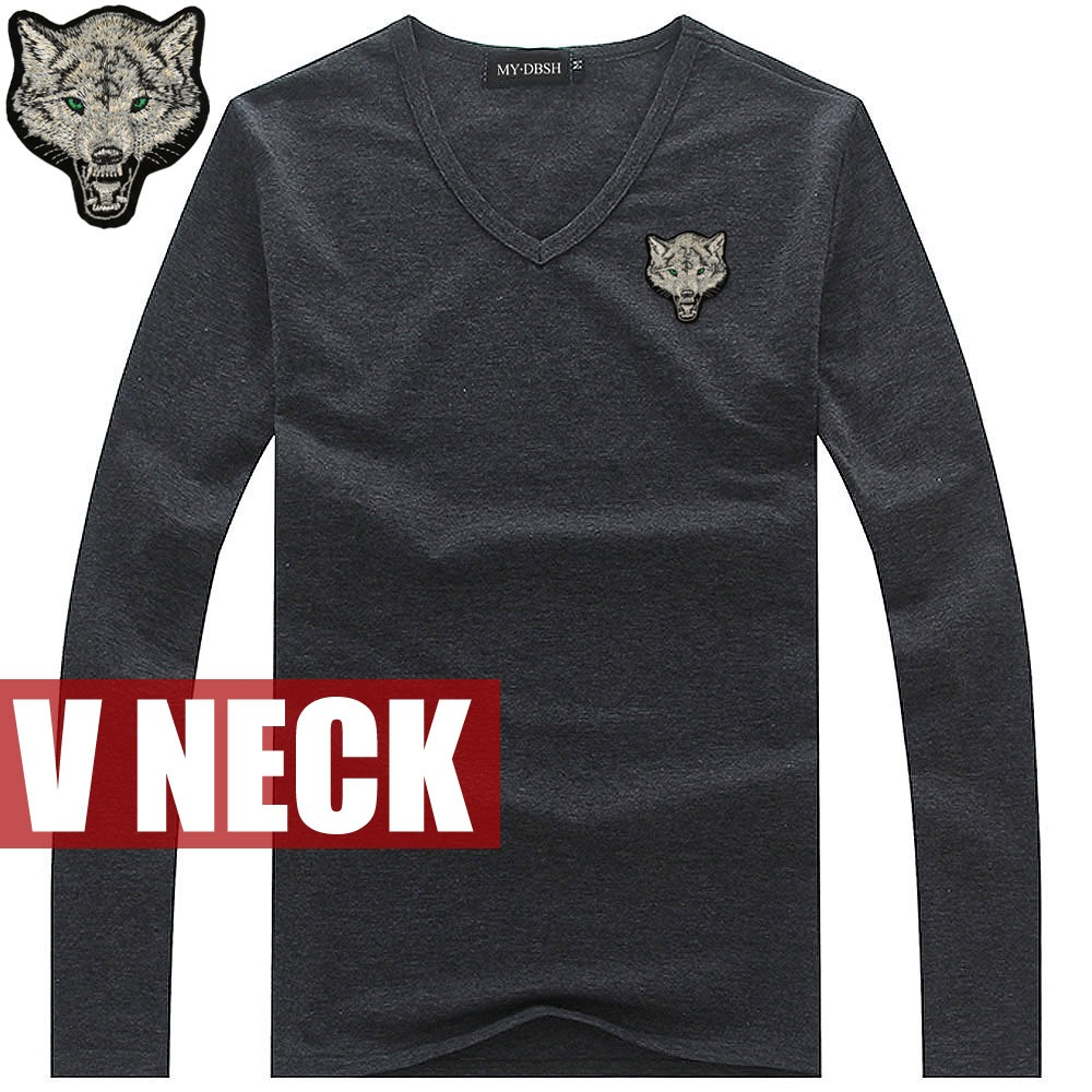 Men's slim fit v-neck long sleeve t-shirt with embroidered wolf design, stylish and comfortable fashion piece.