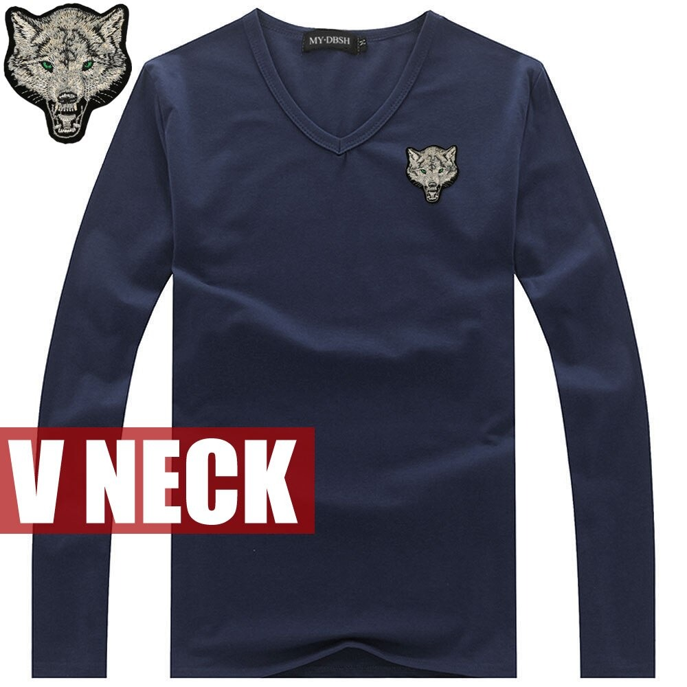 Slim cotton V-neck long sleeve t-shirt for men, featuring trendy wolf embroidery for stylish fashion.