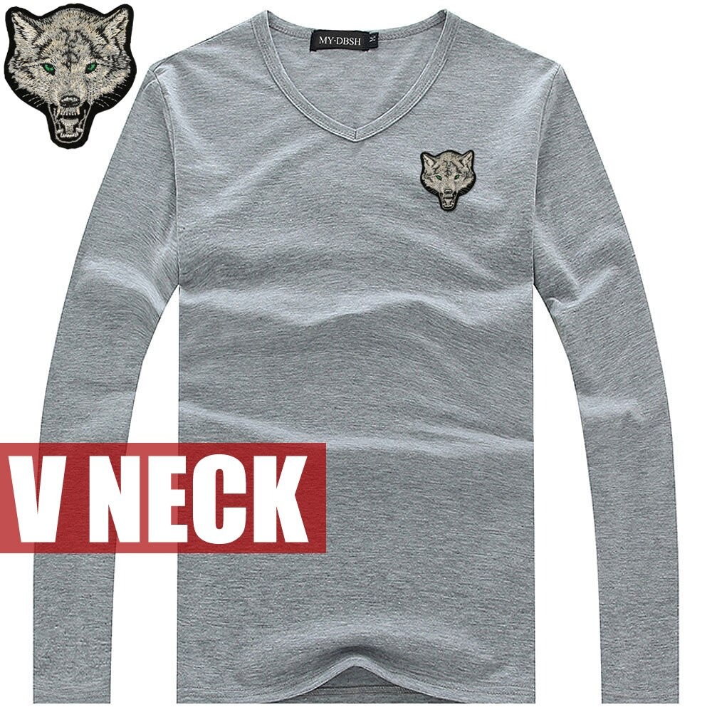 Slim cotton V neck long sleeve T-shirt for men with embroidered wolf motif, perfect for trendy casual outfits.