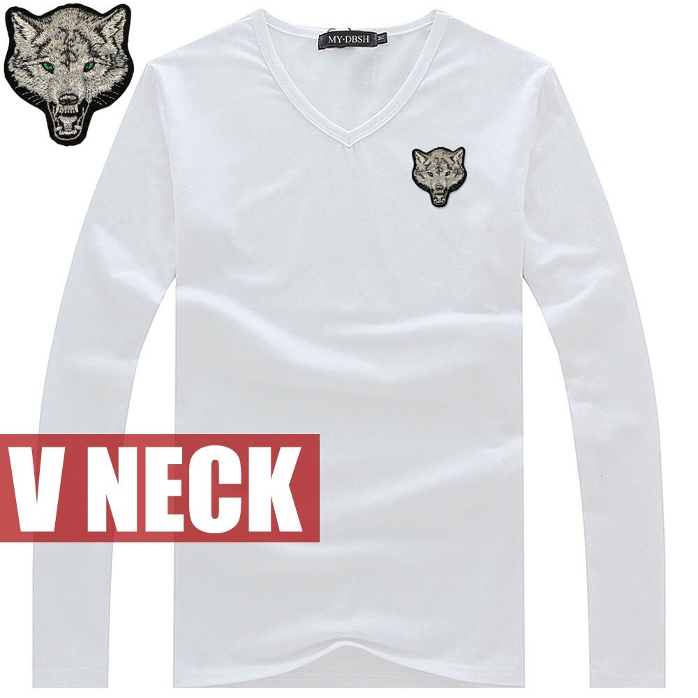 V neck long sleeve white cotton t-shirt for men featuring embroidered wolf design, stylish and comfortable casual wear.