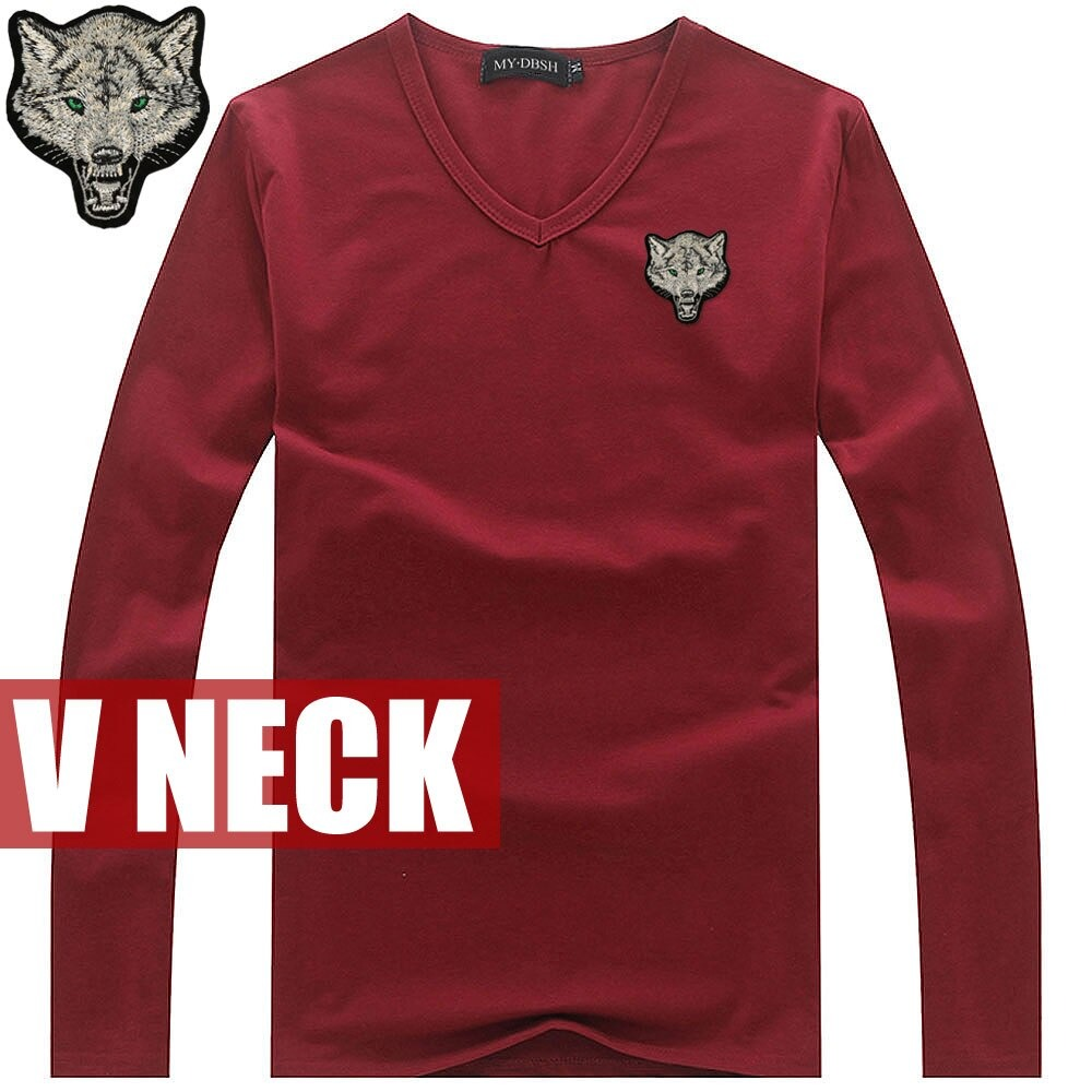 Slim cotton V-neck long sleeve t-shirt for men featuring stylish wolf embroidery in a rich red color.