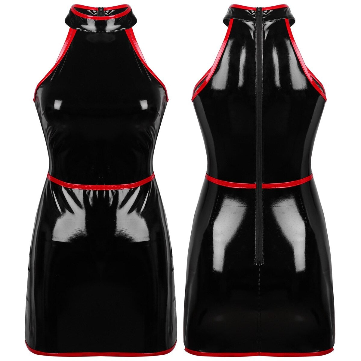 Sleek black sleeveless bodycon dress with red accents, perfect for pole dancing and night outings.