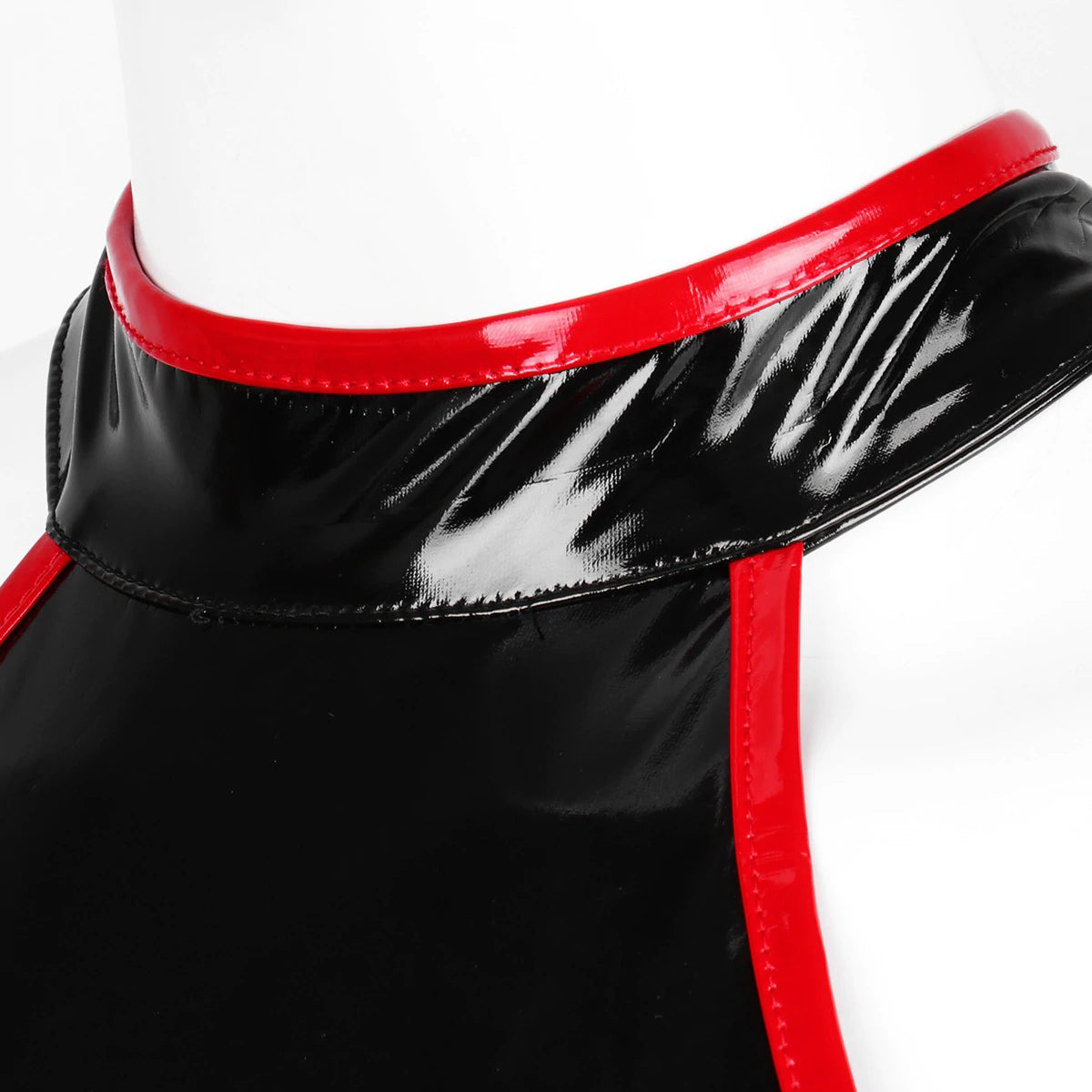 Close-up of a sleeveless black bodycon dress with red accents, perfect for pole dancing and alternative fashion.